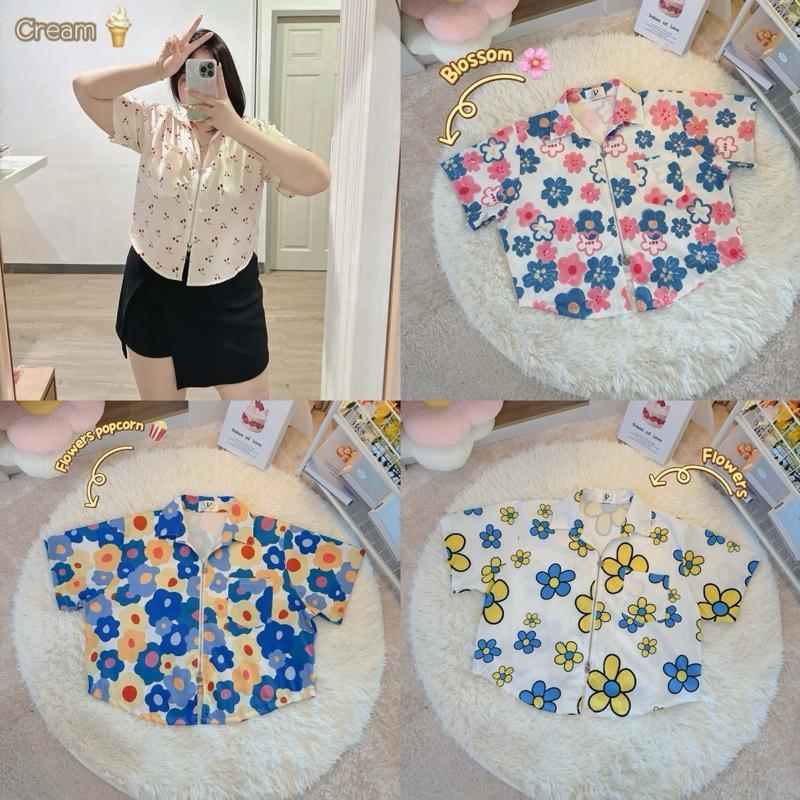 เสื้อเชิ้ตลายเชอร์รี่ซิปหน้า *สาวอวบ* อก40-50 นิ้ว // B3