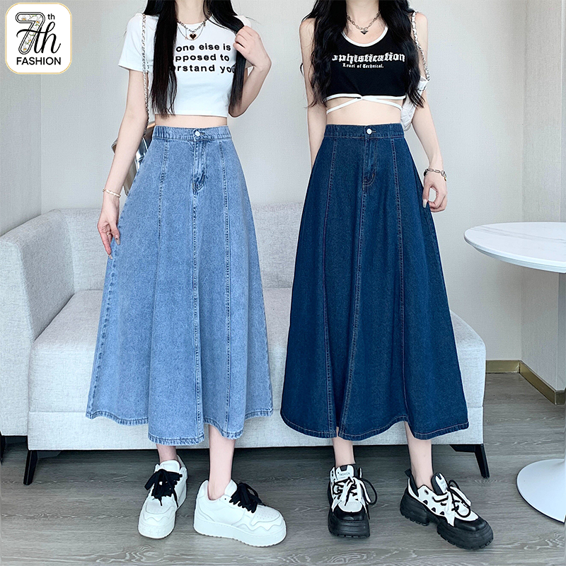 👗 S-5XL กระโปรงยีนส์สีฟ้าอ่อนทรงสาย A กลางแจ้ เอวยางยืดบางส่วน  ใส่สบายและเก๋ไก๋ในทุกวัน