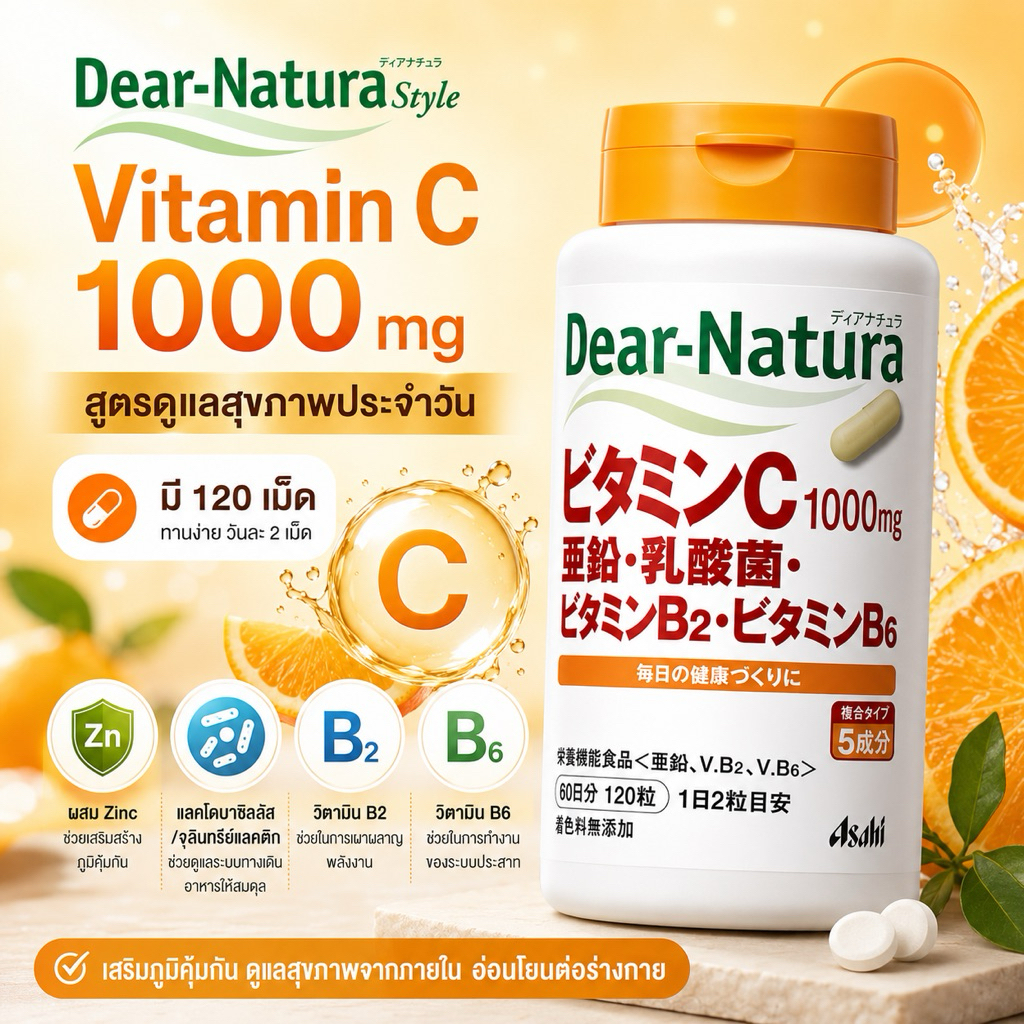 (สินค้าพร้อมส่ง) Dear-Natura ✨ วิตามินซี 1000mg Vitamin C สูตรดูแลสุขภาพประจำวัน มี 120 เม็ด