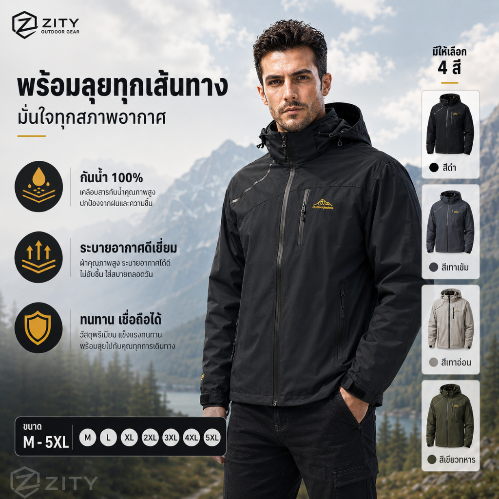 เสื้อแจ็คเก็ตเดินป่ากันน้ำน้ำหนักเบาสำหรับผู้ชาย พร้อมฮู้ดแบบถอดได้และกระเป๋าซิป (M-5XL)