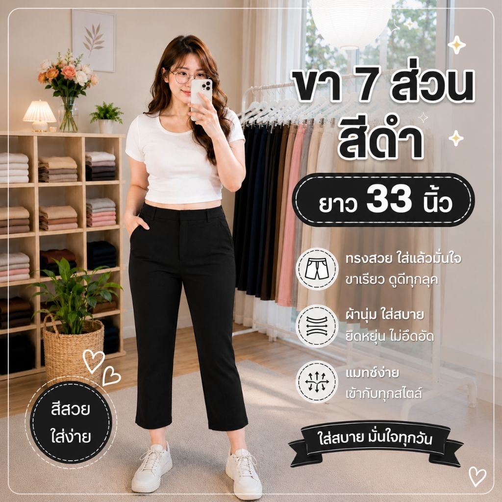 กางเกง 7 ส่วน ผ้าโรเชฟยืด ซิปหน้า ตอกตะขอ ทรงกระบอกเล็ก