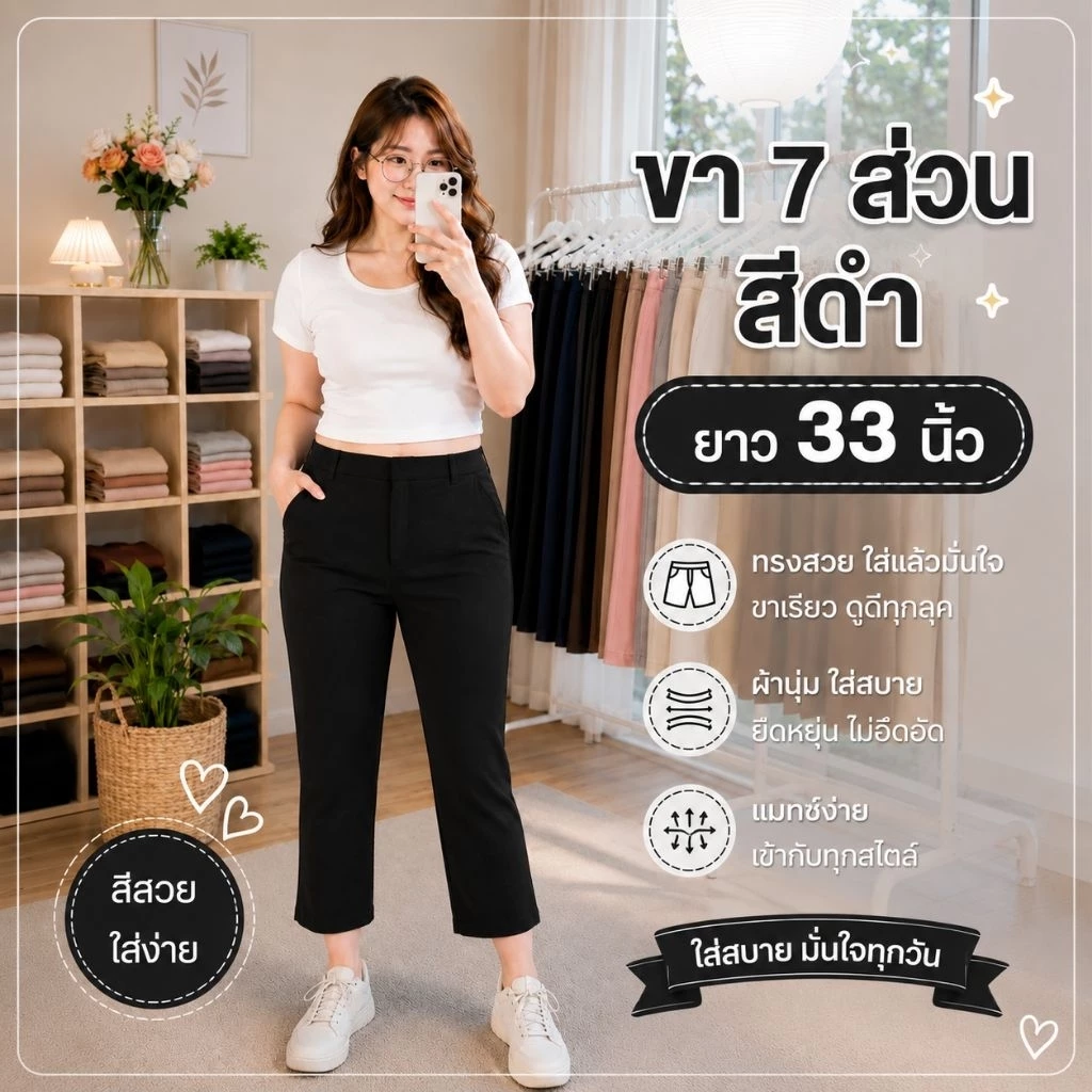 กางเกง 7 ส่วน ผ้าโรเชฟยืด ซิปหน้า ตอกตะขอ ทรงกระบอกเล็ก