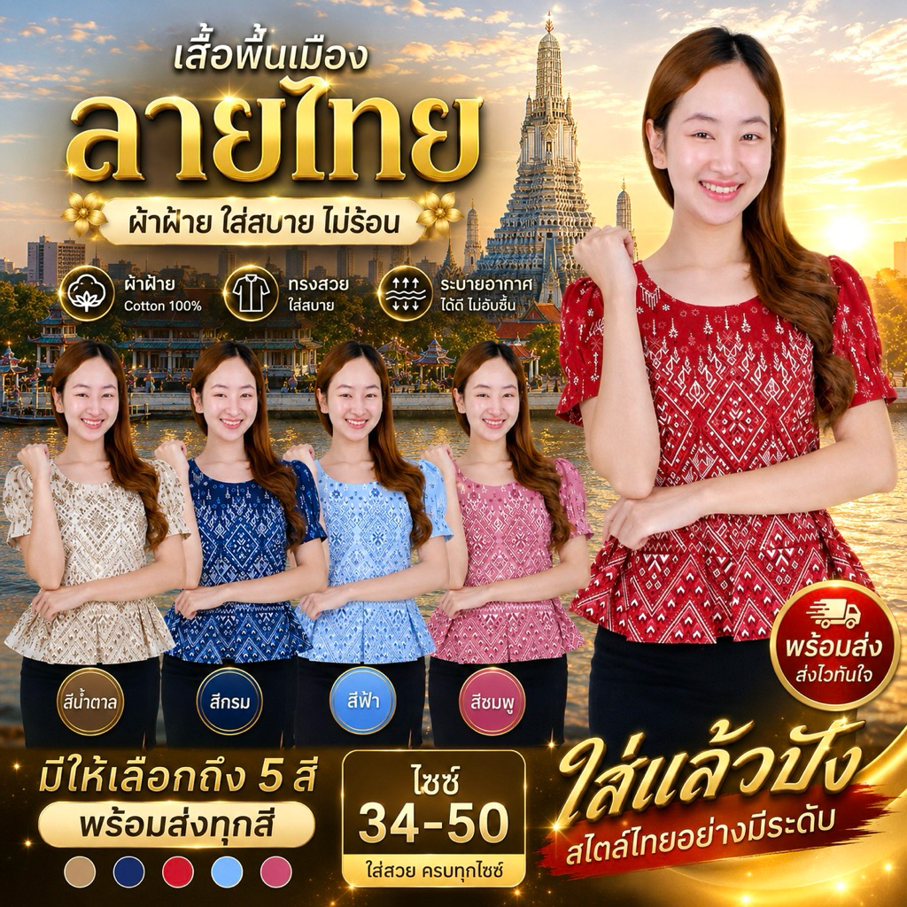เสื้อคอกลม แขนตุ๊กตา ลายไทยประยุกต์