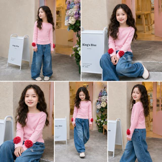 สอบถามไซซ์ก่อนซื้อ เสื้อแขนยาวเด็กผู้หญิงเสื้อแขนยาว ทรงเข้ารูป ปลายแขนแต่งดอกคาเมลเลีย เนื้อผ้าร่องจ