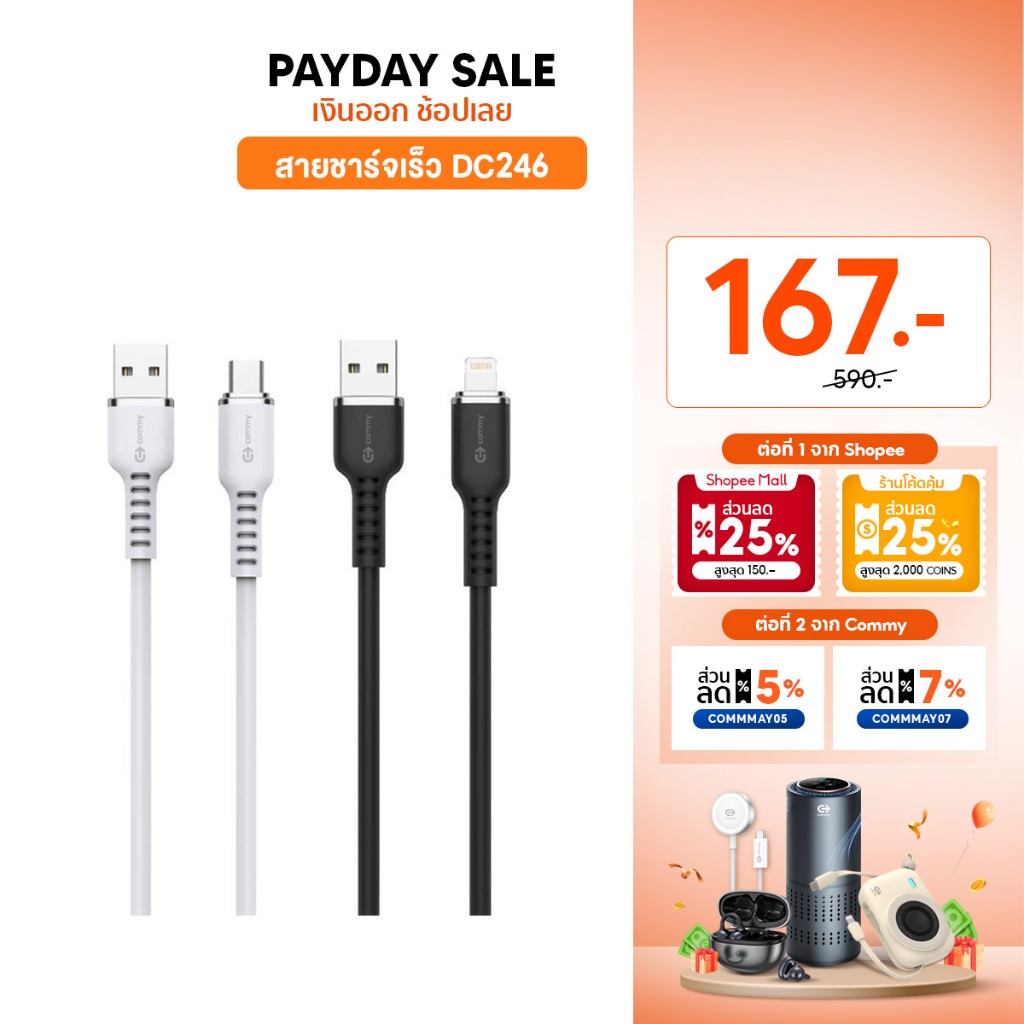 Commy สายชาร์จ 1.5 เมตร รุ่น DC246/DC247/DC248 สายชาร์จไอโฟน ซัมซุง แอนดรอย  lightning/ type-C