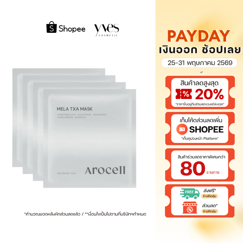 🌟พร้อมส่ง!!!🌟Arocell Mela TXA Mask Sheet 4 แผ่น/กล่อง มาส์กฝ้า