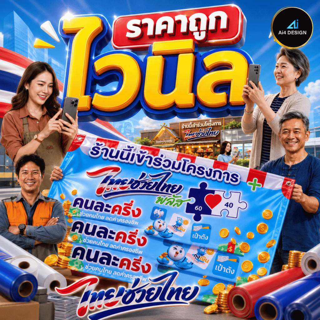 ป้ายไวนิลโครงการไทยช่วยไทย ป้ายไวนิลคนละครึ่งพลัส จัดส่งเร็ว ราคาถูกที่สุดแล้ว