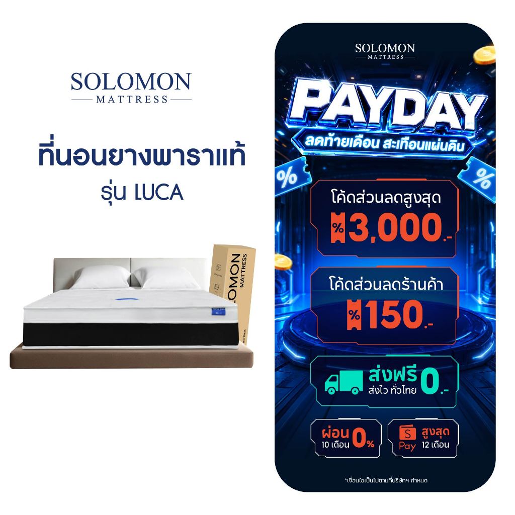 SOLOMON ที่นอนยางพารา 7โซน หนา8นิ้ว รุ่น LUCA รับประกัน 10 ปี