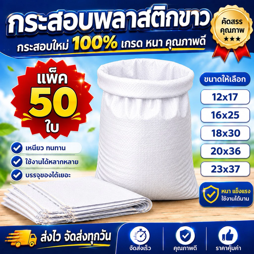 ส่งทุกวัน (แพ็ค 50 ใบ) กระสอบใหม่สีขาว ราคาโรงงาน สำหรับใส่น้ำตาล ข้าวสาร