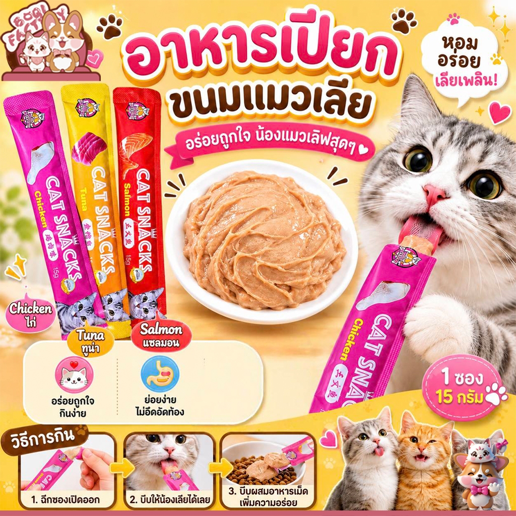 Boqi Factory ขนมแมว ขนมแมวเลีย สุดอร่อย 15 กรัม สินค้า มีพร้อมส่ง 🐱😻😻😸😸😺 Cat Snacks
