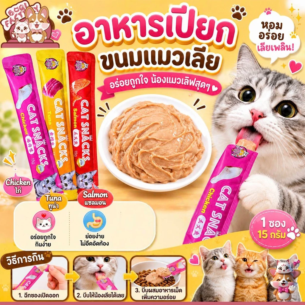 Boqi Factory ขนมแมว ขนมแมวเลีย สุดอร่อย 15 กรัม สินค้า มีพร้อมส่ง 🐱😻😻😸😸😺 Cat Snacks