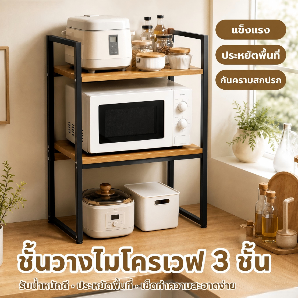 [รุ่นล่าสุด] 3 ชั้น ชั้นวางไมโคเวฟ ชั้นวางของในครัว สแตนเลส+ไม้ สไตล์มินิมอล รับน้ำหนักได้ 150กก.