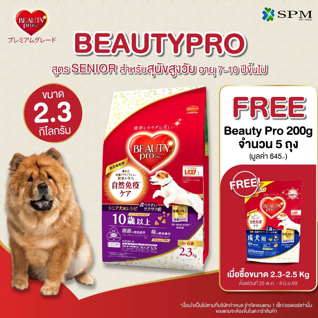 BeautyPro อาหารเม็ดสุนัขพรีเมียม สูตร Senior สูงวัยอายุ 7-10 ปี+ ขนาด 2.3 Kg. ปรับสมดุลทางเดินอาหาร