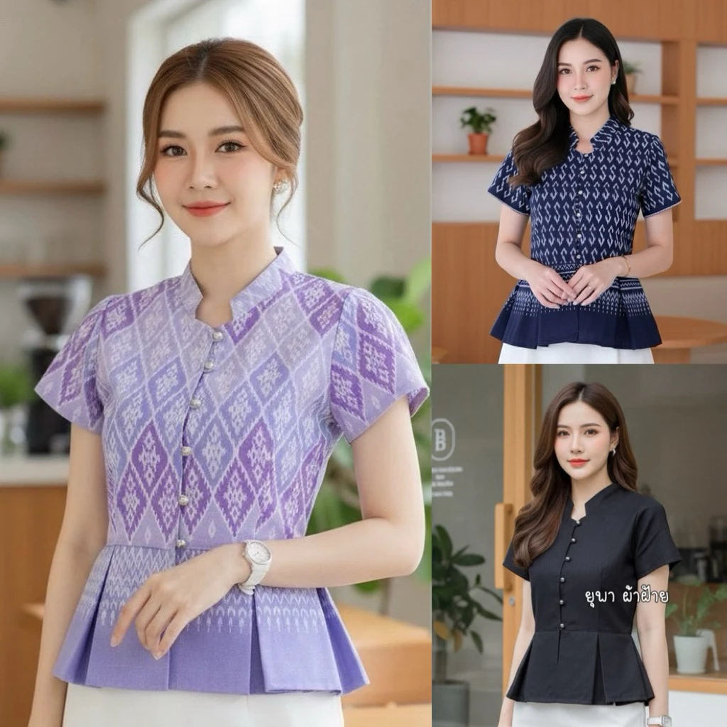 เสื้อคอจีนลายขอพระราชทาน ระบายชายจีบทวิต