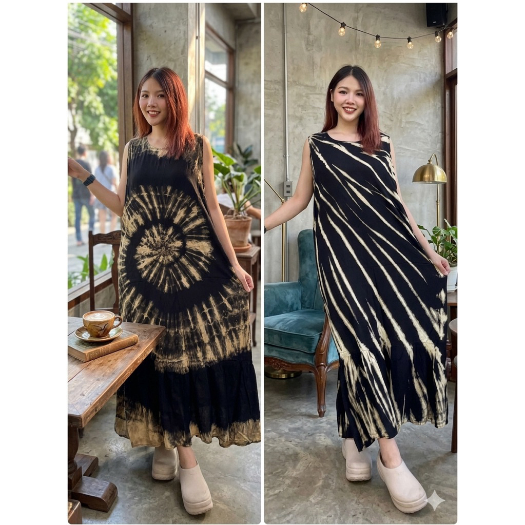 ชุดเดรสยาว ผ้ามัดย้อมเที่ยวทะเล