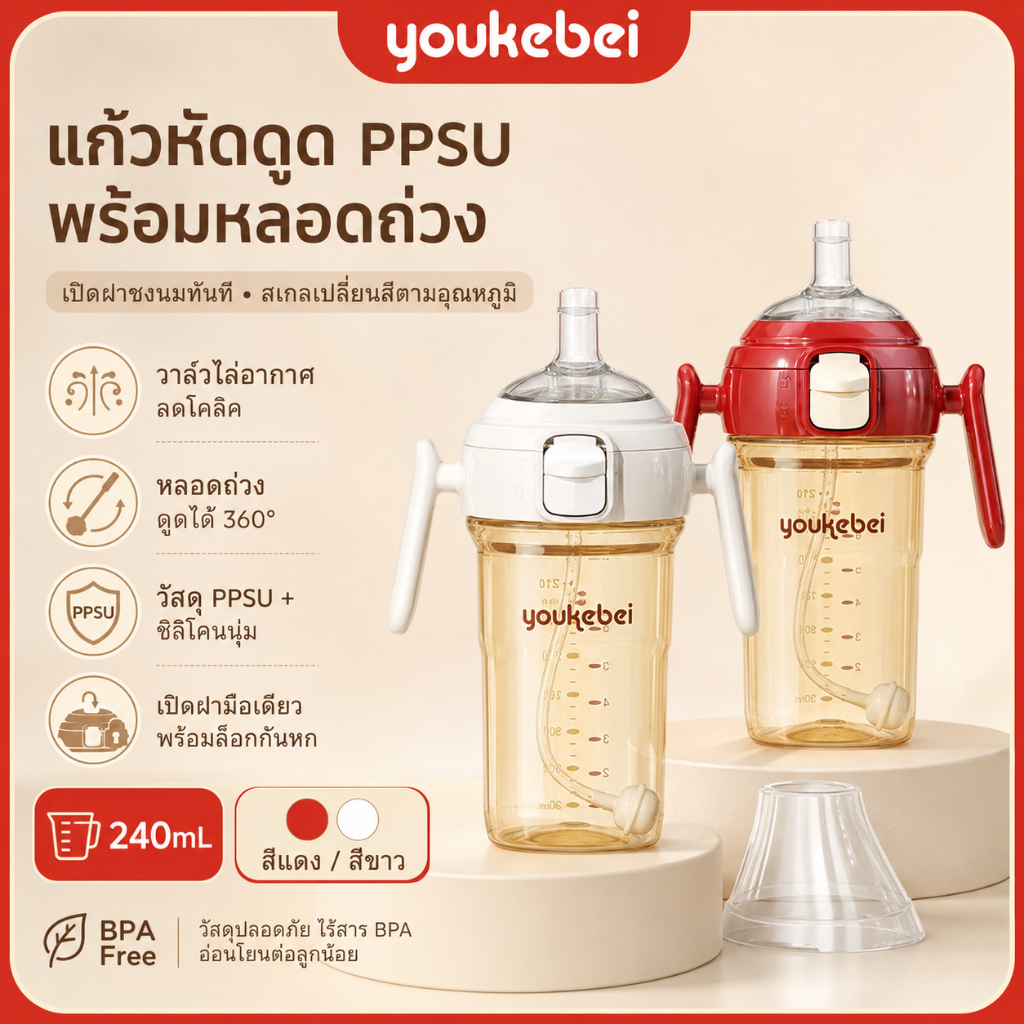 Youkebei แก้วหัดดูดเด็ก PPSU 240ml แก้วน้ำเด็กพร้อมหลอด ถ้วยหัดดื่ม กันสำลัก มีด้ามจับ