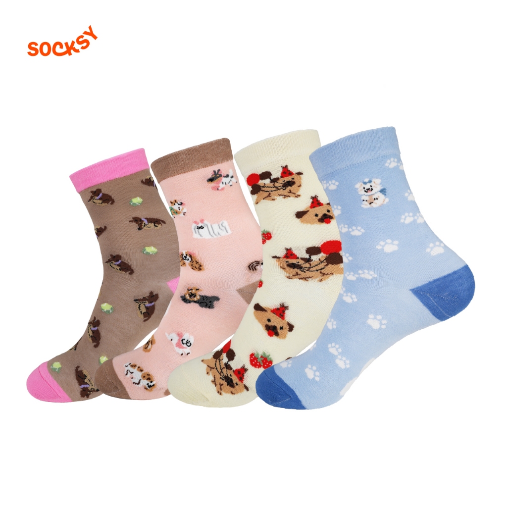 Socksy  ถุงเท้าแฟชั่นลายหมา Dog lover สีสันสดใส ผ้าดียืดหยุ่น รุ่น LKKK-0005 (เเพ็ค 4 คู่)