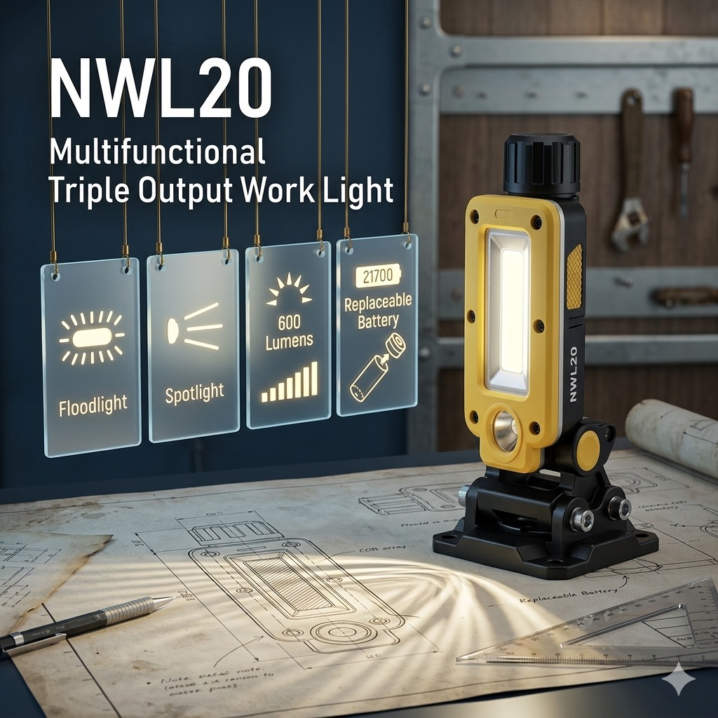 พร้อมส่ง NWL20 USB-Cไฟสำหรับทำงานแบบชาร์จไฟได้ ไฟสปอตไลท์เอาต์พุตไลท์สามช่องอเนกประสงค์180 ° ปรับได้แบตเตอรี่21700