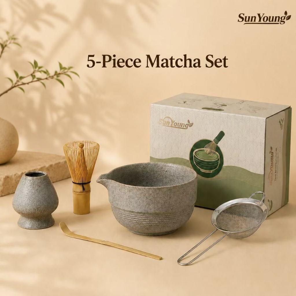 SunYoung ชามมัทฉะญี่ปุ่น 5 ชิ้น Matcha Bowl Set ถ้วยชงมัทฉะมีปาก แปรงชงชา