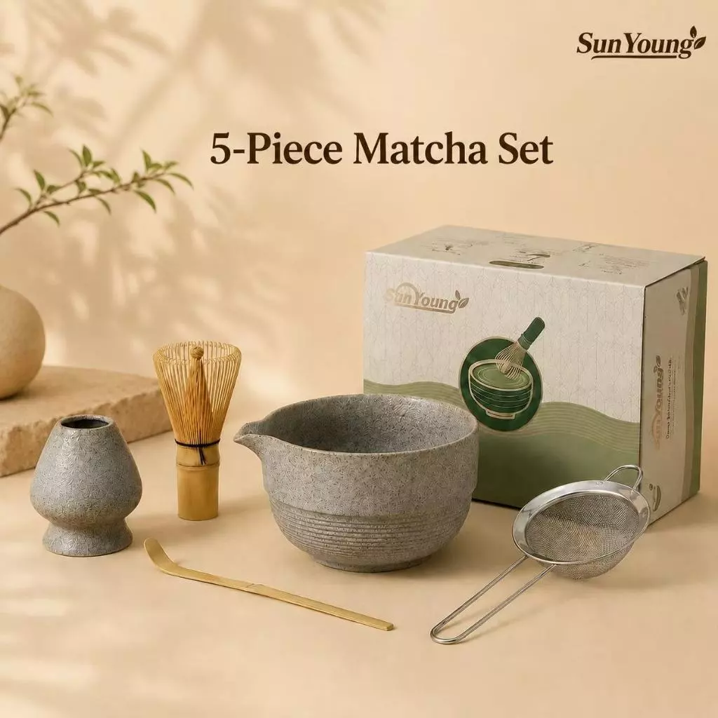 SunYoung ชามมัทฉะญี่ปุ่น 5 ชิ้น Matcha Bowl Set ถ้วยชงมัทฉะมีปาก แปรงชงชา ของขวัญพรีเมียม