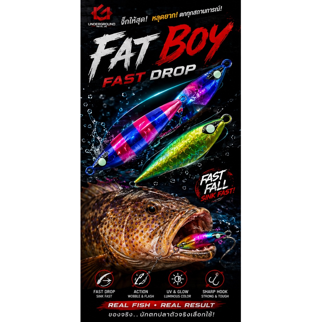 เหยื่อจิ๊ก รุ่น FatBoy By LF Fast Drop เมทัลจิ๊ก ฟอล์วไว แอคชั่นแรง เรืองแสง มี 20g-150g