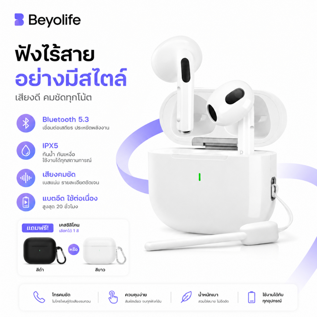 (รับประกัน 1 ปี+ของแถม) Beyolife A6 PRO หูฟังTWS หูฟังบลูทูธ บลูทูธ 5.3 กันน้ำIPX5 เสียงใสไร้รบกวน แบตฯ เสียงเบสหนักแน่น