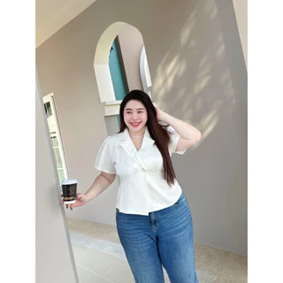 M45 เสื้อคอปกสูท แขนสั้น ผ้าเปเป้ เสื้อสีดำสาวอวบ