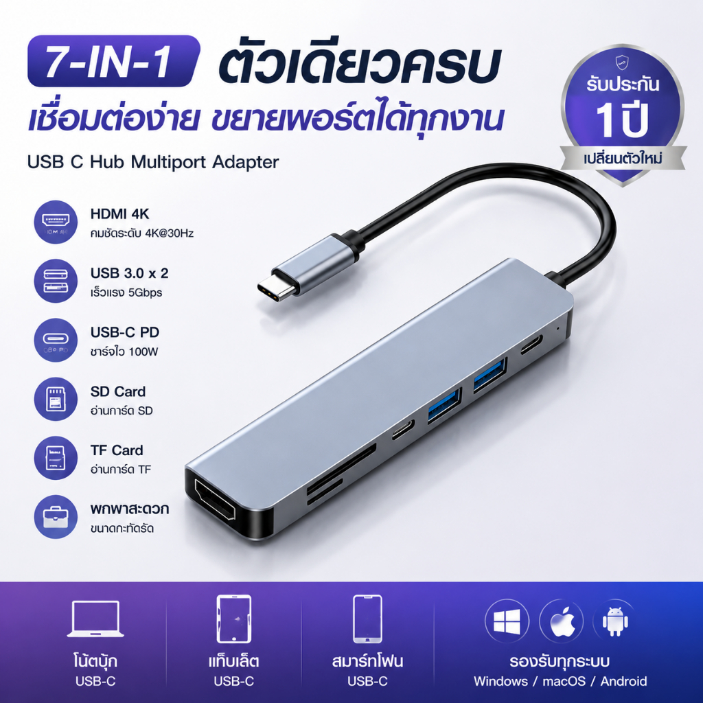 USB C HUB 7in1 Type C Adapter รองรับ PD 100W HDMI 4K เชื่อมต่อหลายอุปกรณ์ สำหรับโน้ตบุ๊ก MacBook Tablet มือถือ