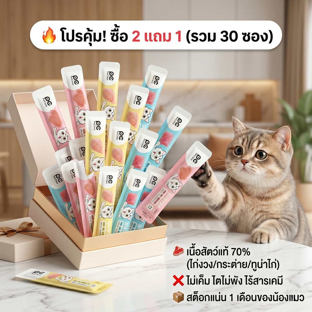 PetClear ขนมแมวเลียเพื่อสุขภาพ 30 ซอง 3 รสชาติ โปรตีนสูง ไร้แป้ง ไร้สารหนืด ส่งจากไทย