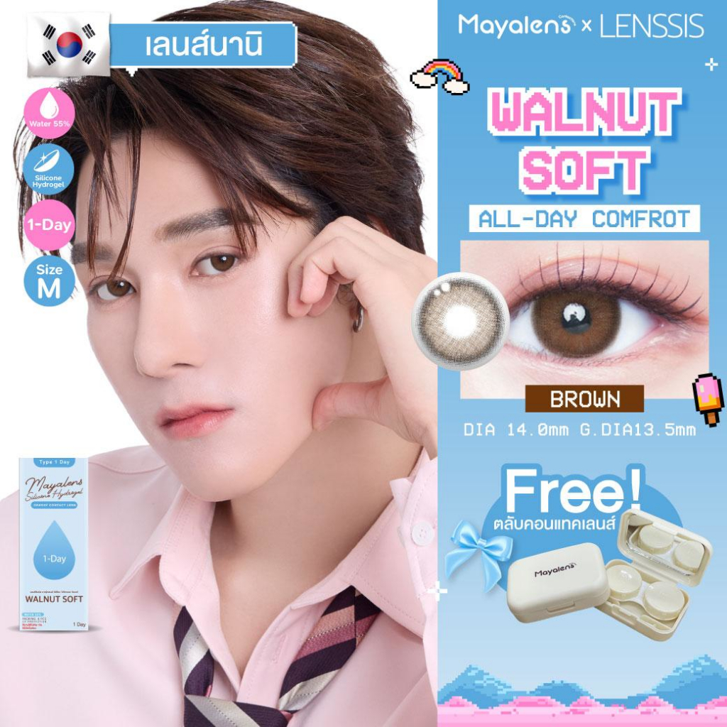 [ของแท้] คอนแทคเลนส์รายวัน Mayalens 1D Walnut Soft Brown สีน้ำตาลโทนอุ่น แบบสาวซอฟต์เ