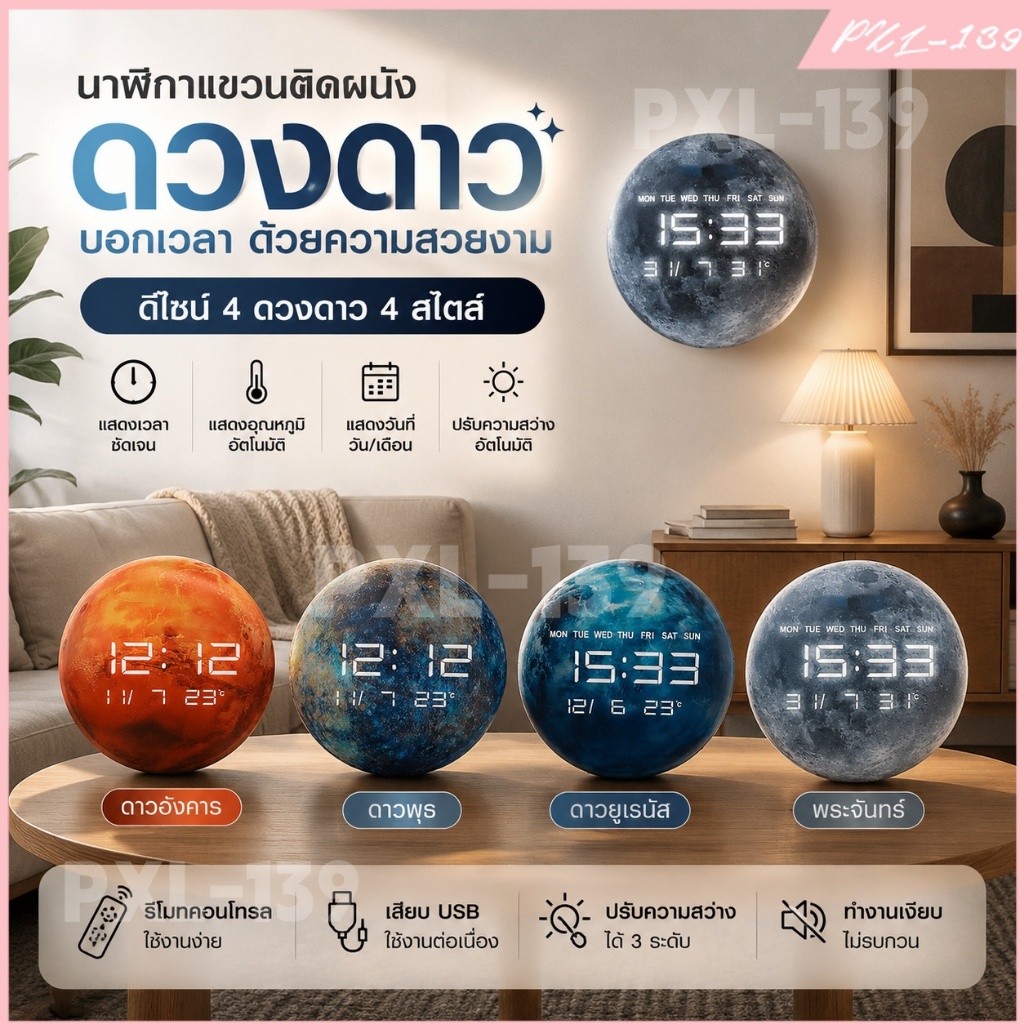 🌙การจัดส่งในประเทศไทย🌙นาฬิกา LED อวกาศ รุ่น แขวนผนังได้ ตั้งโต๊ะได้ บอกวันที่ อุณหภูมิ
