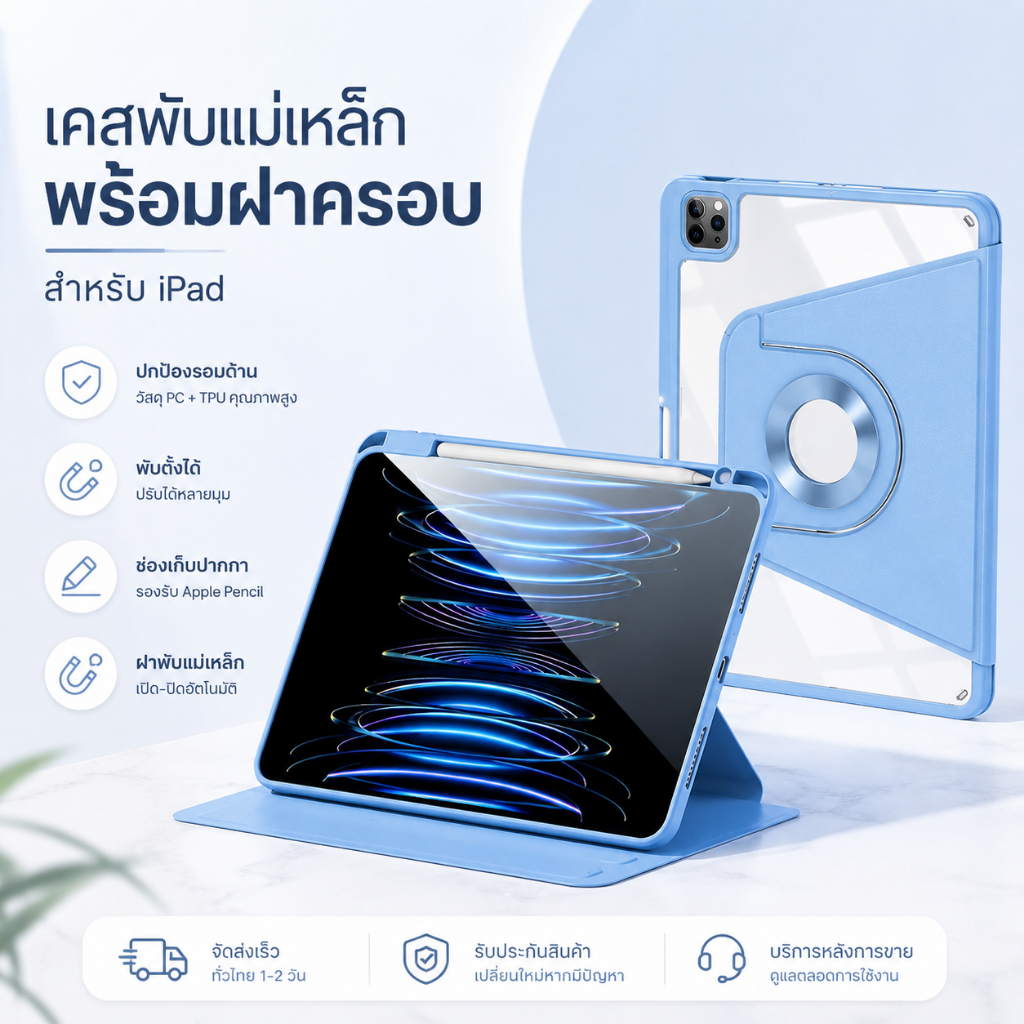 เคสไอแพดแม่เหล็ก 720° เคสไอแพด Gen11 Gen10 Air4/5 Pro11 Gen7/8/9 10.2” หมุนได้ ส่งจากไทย COD ฟรีส่ง