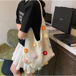 🔥พร้อมส่ง กระเป๋าถักไปทะเล ลายดอกไม้ จุของได้เยอะ พร็อบถ่ายรูปสวยมาก สไตล์เกาหลี วันหยุดพักผ่อน