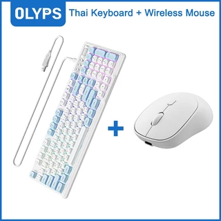 OLYPS คีย์บอร์ด คีย์บอร์ดพร้อมเมาส์ไฟสีรุ้ง แป้นพิมพ์สกรีนไทย RGB คีย์บอร์ดเล่นเกม