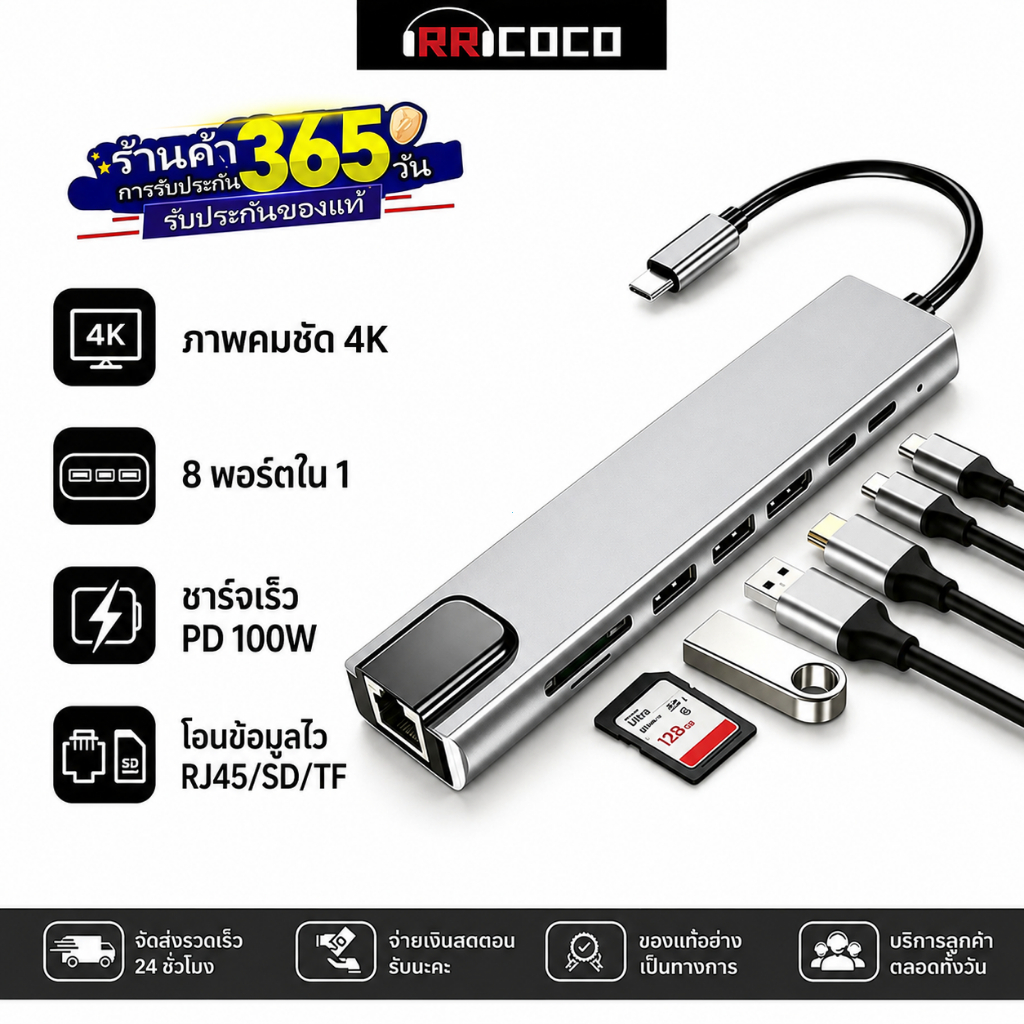 อะแดปเตอร์ฮับ USB Type-C Hub 8-in-1 4K HDMI RJ45 USB3.1 SD TF ชาร์จเร็ว MacBook โน้ตบุ๊ค คอมพิวเตอร์ เครื่องอ่านการ์ด