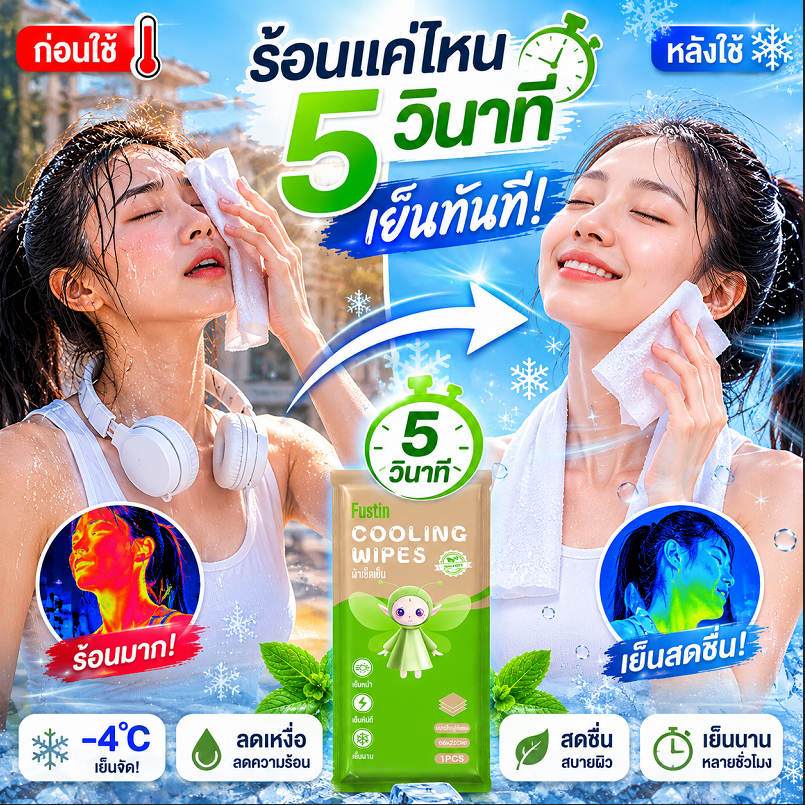 TINKKIE Cooling Wipes ผ้าเช็ดเย็น 10ซอง 50แผ่น เย็นทันที ไม่แพ้ผิว สูตรธรรมชาติ พกพาง่าย เหมาะกับออกกำลังกายและเดินทาง