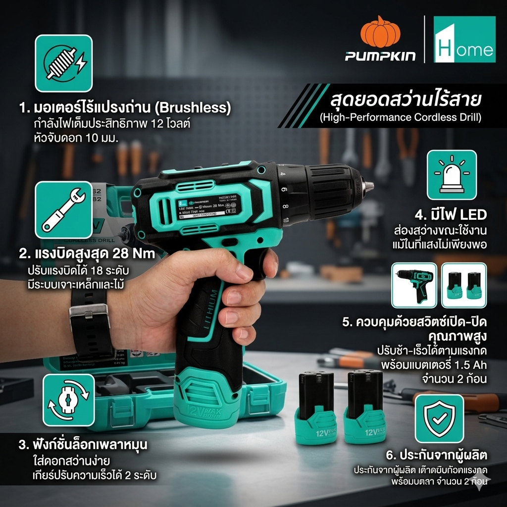 PUMPKIN 50214-15B2/J-12D1502 สว่านไร้สาย รุ่นใหม่แบต 1.5Ah แบตเตอร์รี่ 2 ก้อน By metro_official_store
