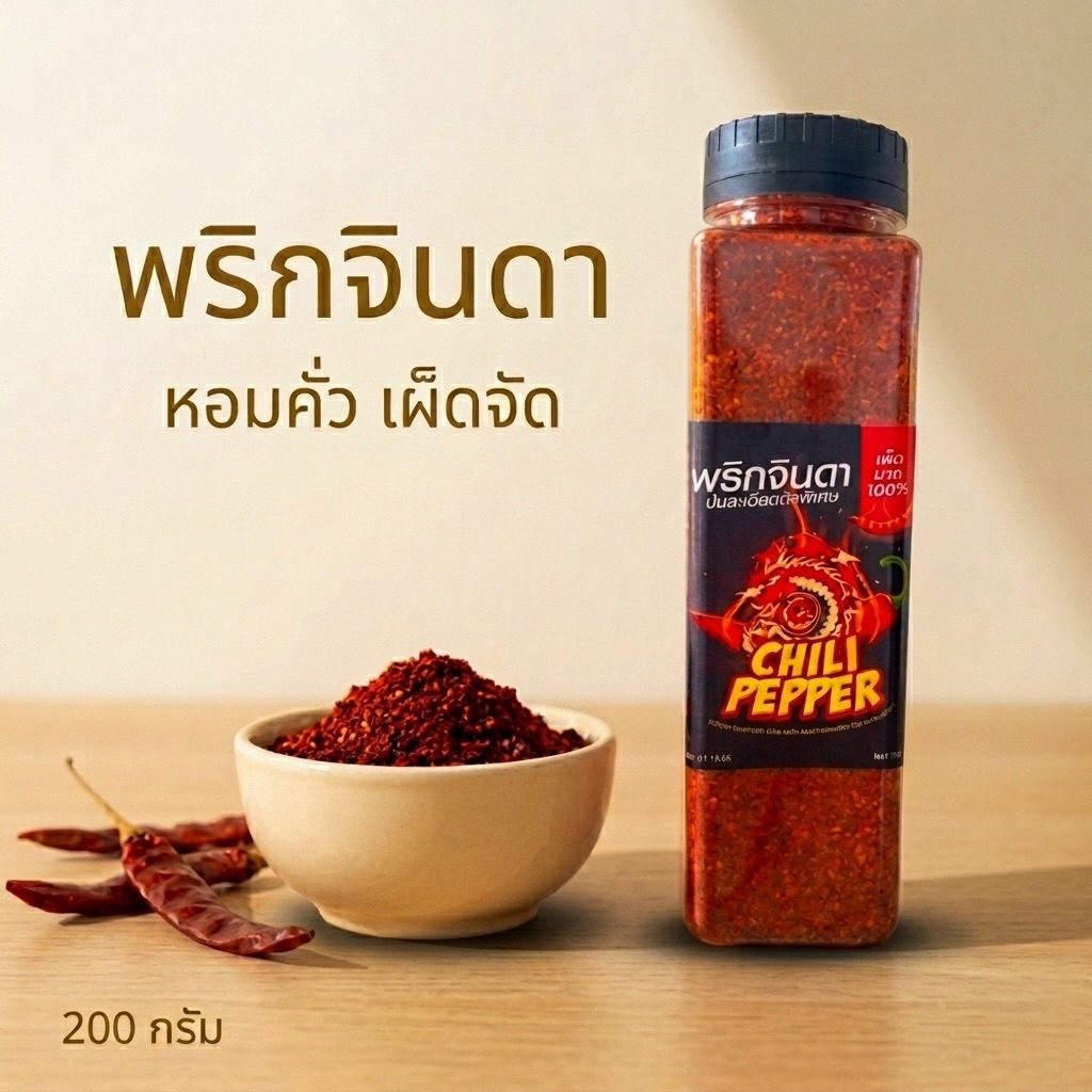 พริกป่นจินดา บดละเอียด คั่วใหม่ เผ็ดจัด หอมพริกแท้ 200g   (ติ๊กดำ)