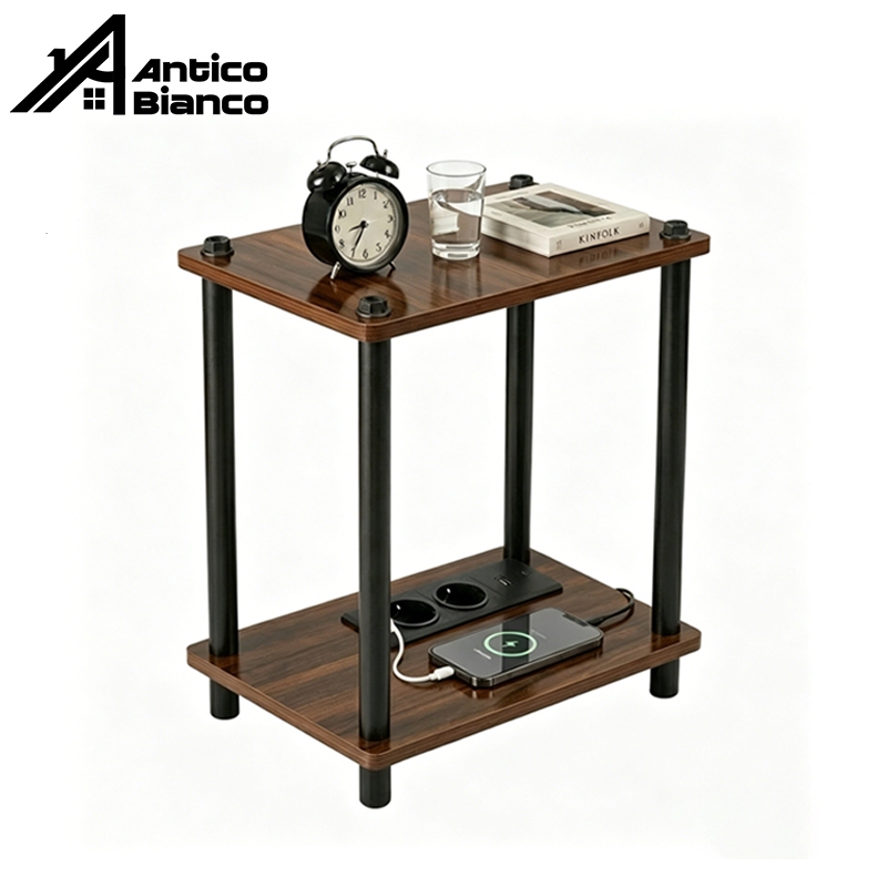 Antico โต๊ะข้างโซฟา 2 ชั้น โต๊ะข้างเตียงเรียบง่าย ช่องเสียบไฟ(EU) + USB ชาร์จมือถือได้ ใช้งานง่าย