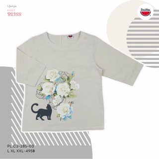 เสื้อแตงโม (SUIKA) - เสื้อแตงโม คอปาดแขนสามส่วน ผ้าสลาฟ พิมพ์ลายดอกไม้ ( PL.C3-287 285 183 )