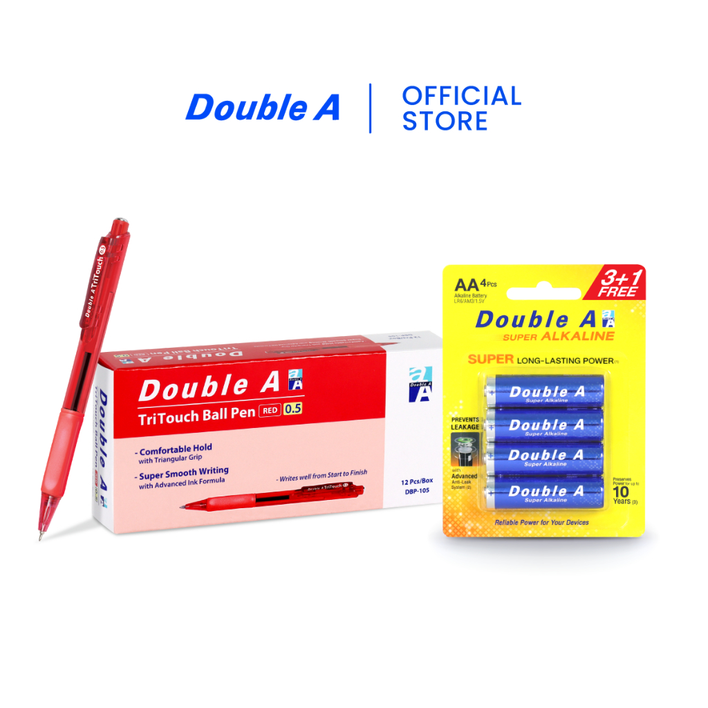 [เซตคู่] Double A TriTouch ปากกาลูกลื่นแบบกด 0.5 มม. หมึกแดง จำหน่าย 12 ด้าม คู่ ถ่านอัลคาไลน์ 3+1 AA 1 แพ็ก
