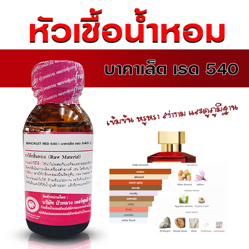 หัวเชื้อน้ำหอม 100% กลิ่นแบคคาเล็ต เรด 540  น้ำหอมแบคคาเล็ตสีแดง นำเข้าจากฝรั่งเศษ ติดทนยาวนาน ความเข้มข้นสูง