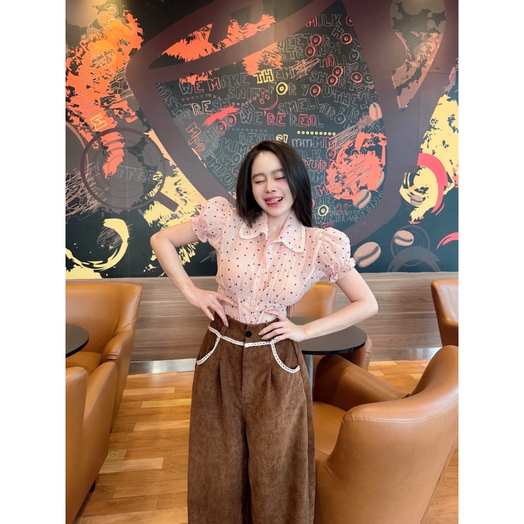 Phapassz - Set สาวติดเเกรม ขายาวผ้าลูกฝูก มาพร้อมเสื้อแขนตุ๊กตากระดุมหน้ามีเชือกผูกหลัง ดีเทลเกร๋ #Lanta