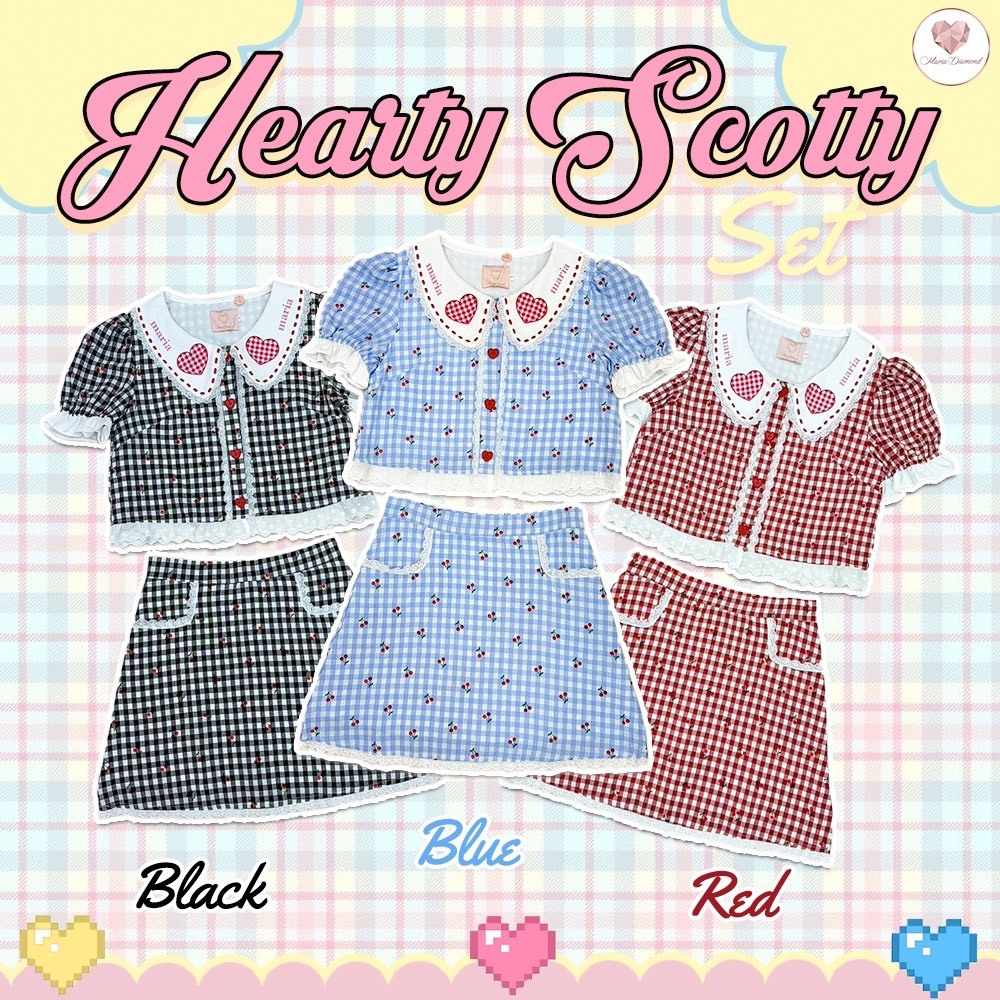 (มี3XL) มี 3 สี Hearty Scotty Set เซ็ต 2 ชิ้น ผ้าคอตตอนสก็อต เสื้อครอปกระดุมหน้าแขนสั้นปลายสม็อค + กระโปรงมีซับใน
