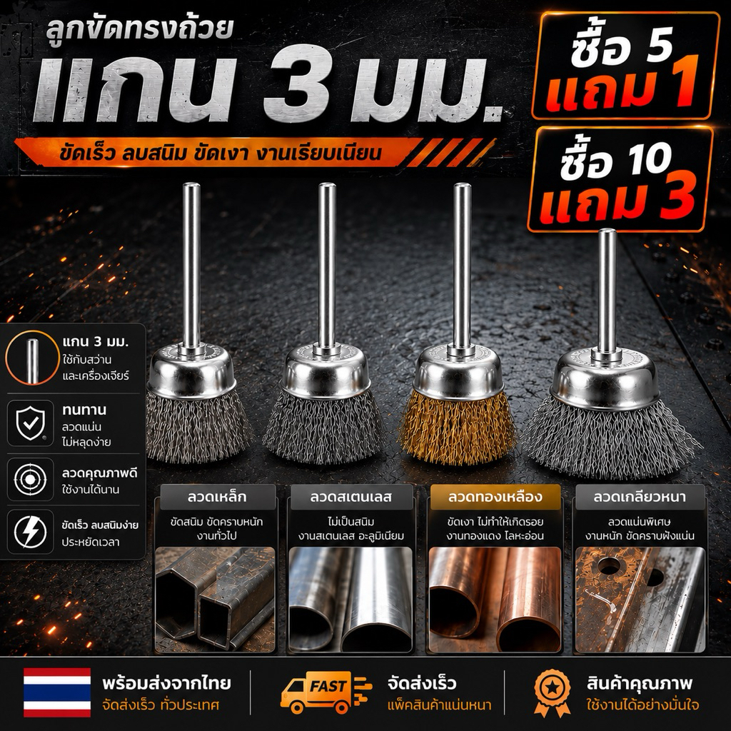 🇹🇭🔥ซื้อ10แถม3ซื้อ5แถม1🔥 ลูกขัดถ้วยแกน3มมโต15-25มม ขนแปรงทองเหลือง&แสตนเลส