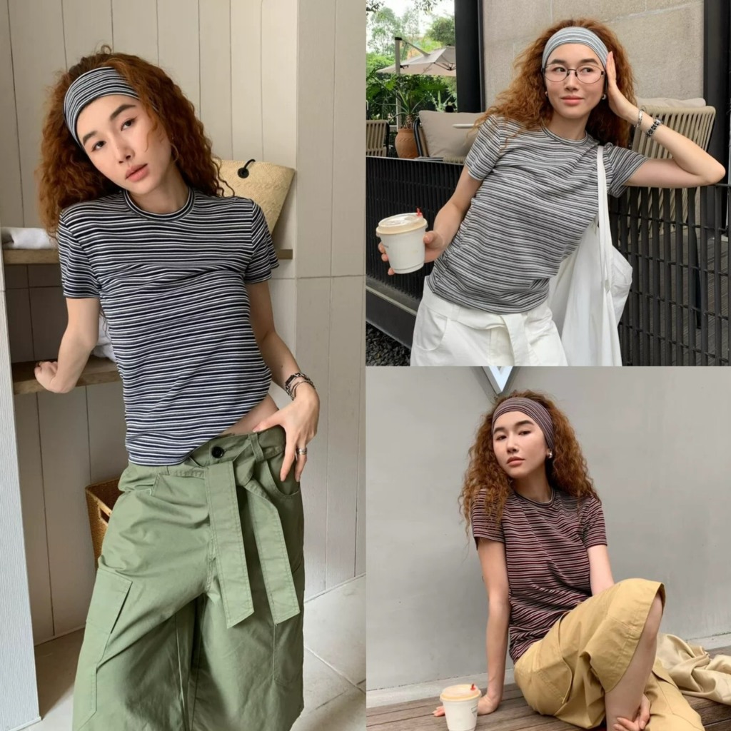 MELLOW STRIPE SET เสื้อริ้วแขนสั้น + ผ้าคาดหัว รุ่น RB5