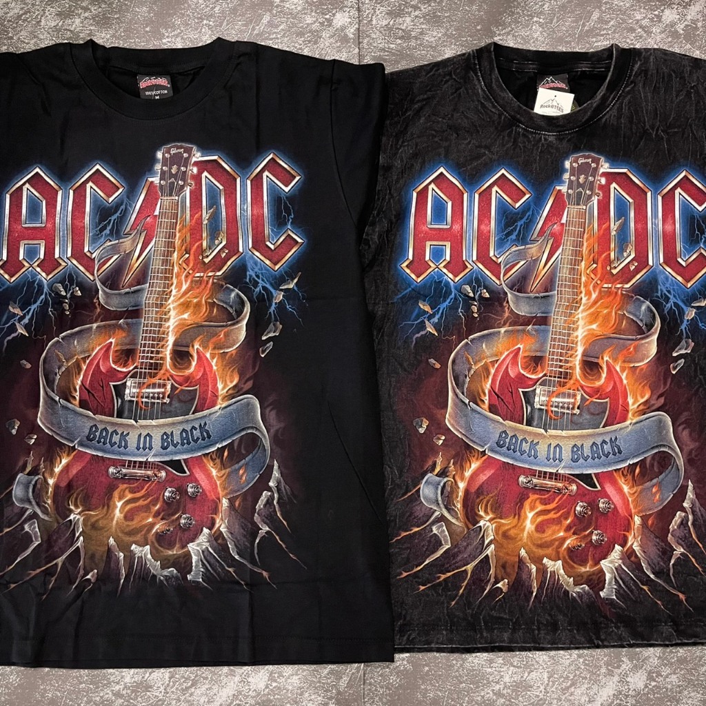 เสื้อยืดผ้าฟอก-ผ้าดำ ACDCกีต้าร์ไฟ(ป้ายRocktee เรืองแสง) ผ้าCotton100