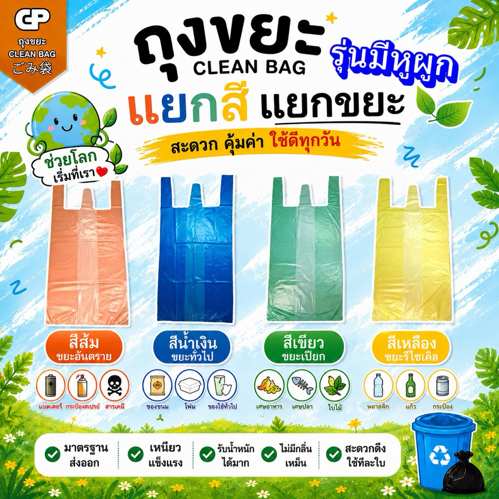 [รุ่นมีหูผูกแบบสีแยกขยะ] ถุงขยะClean bag รุ่นบางแต่เหนียว ไม่มีกลิ่นเหม็นฉุน คุ้มค่ากับราคา จำนวนใบเยอะ คุณภาพเกรดส่งออก