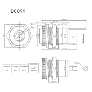 DC099 แจ้คdc 5.5×2.1มม.ตัวเมีย สีเงินและสีทอง 11มิล dc jack