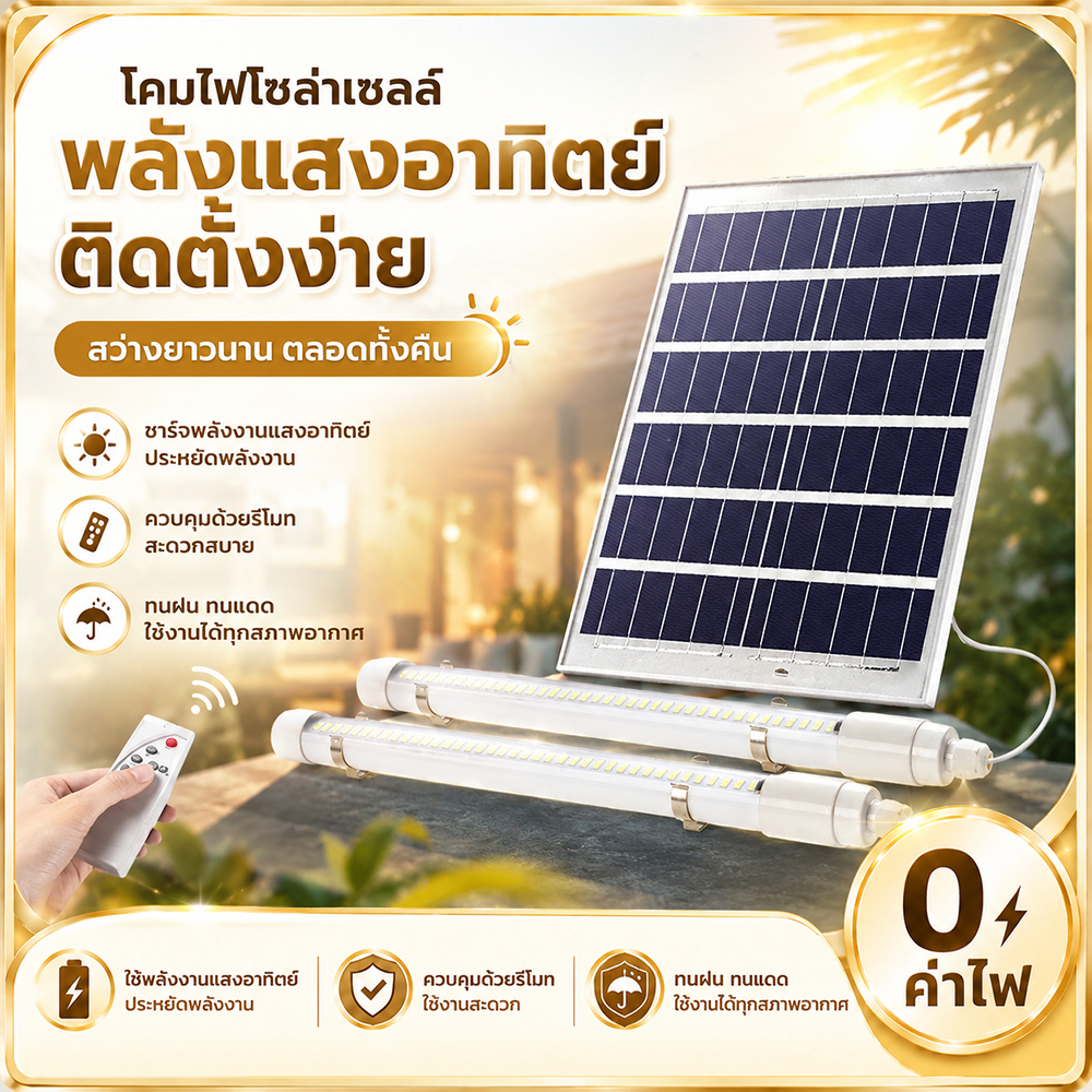 【ซื้อ1 แถม1📌】ไฟโซล่าเซลล์ หลอดไฟโซล่าเซล100000W ไฟโซล่าเซลล์หลอดยาว สามสีปรับได้ IP67กันน้ำกลางแจ้งไฟโซล่าเซลล์ โคมไฟสวน